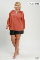 Umgee Rust Puff Sleeve Trim Detail Blouse – Plus Size-Curvy/Plus Blouses-Umgee-Deja Nu Boutique, Women's Fashion Boutique in Lampasas, Texas