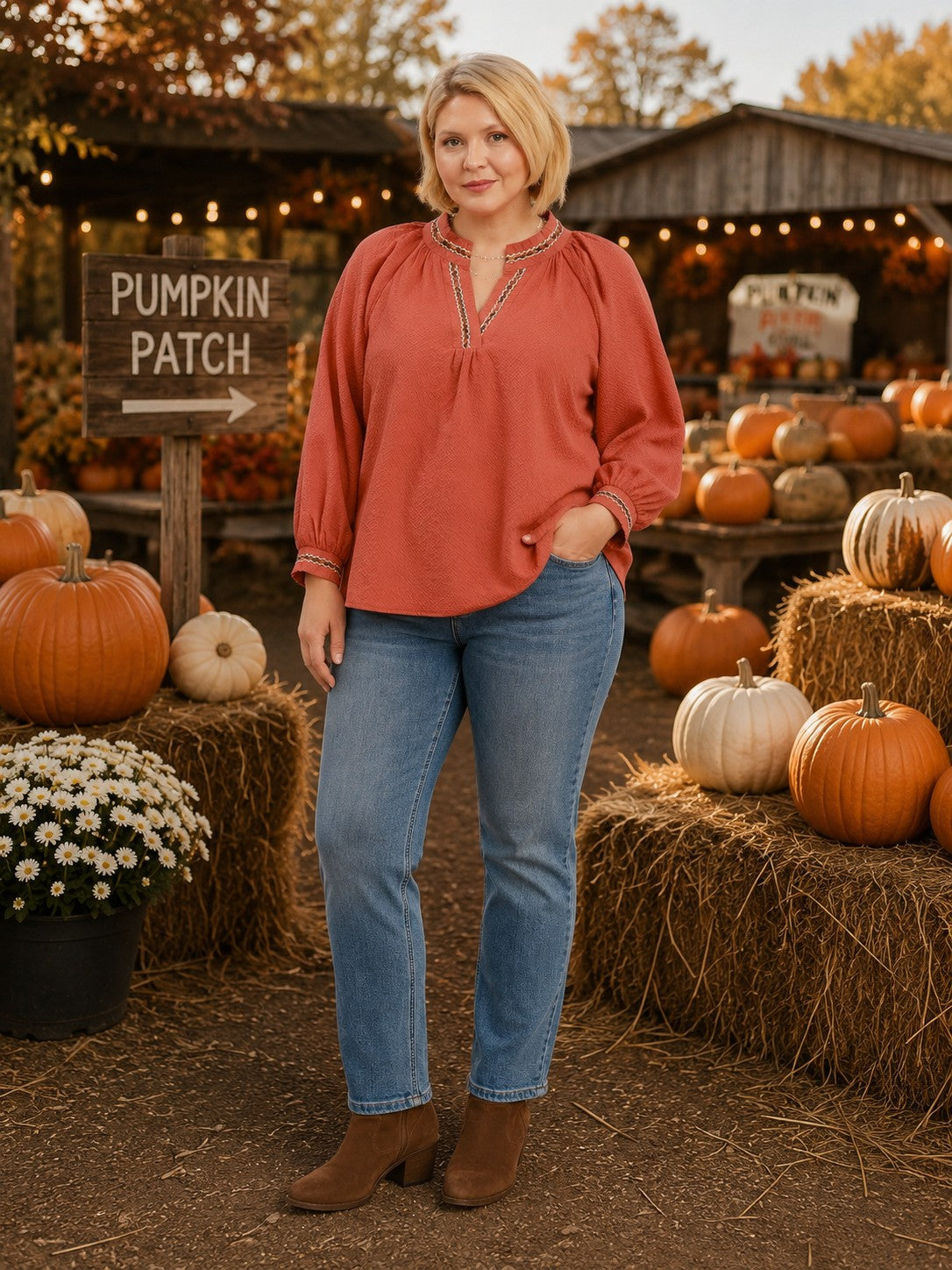 Umgee Rust Puff Sleeve Trim Detail Blouse – Plus Size-Curvy/Plus Blouses-Umgee-Deja Nu Boutique, Women's Fashion Boutique in Lampasas, Texas
