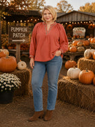 Umgee Rust Puff Sleeve Trim Detail Blouse – Plus Size-Curvy/Plus Blouses-Umgee-Deja Nu Boutique, Women's Fashion Boutique in Lampasas, Texas