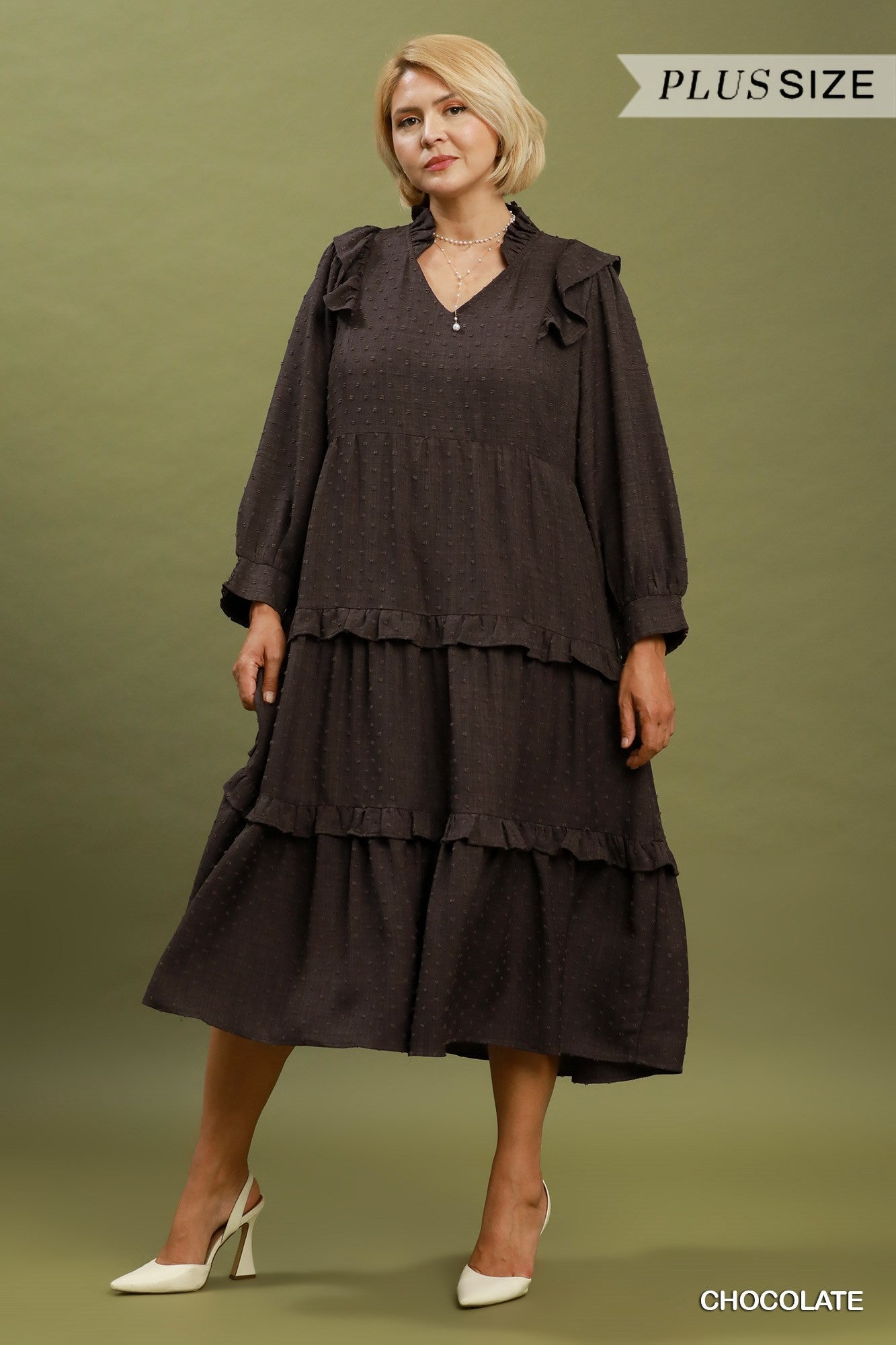 Umgee Plus Textured Ruffle Tiered Midi Dress in Chocolate-Curvy/Plus Dresses-Umgee-Deja Nu Boutique, Women's Fashion Boutique in Lampasas, Texas