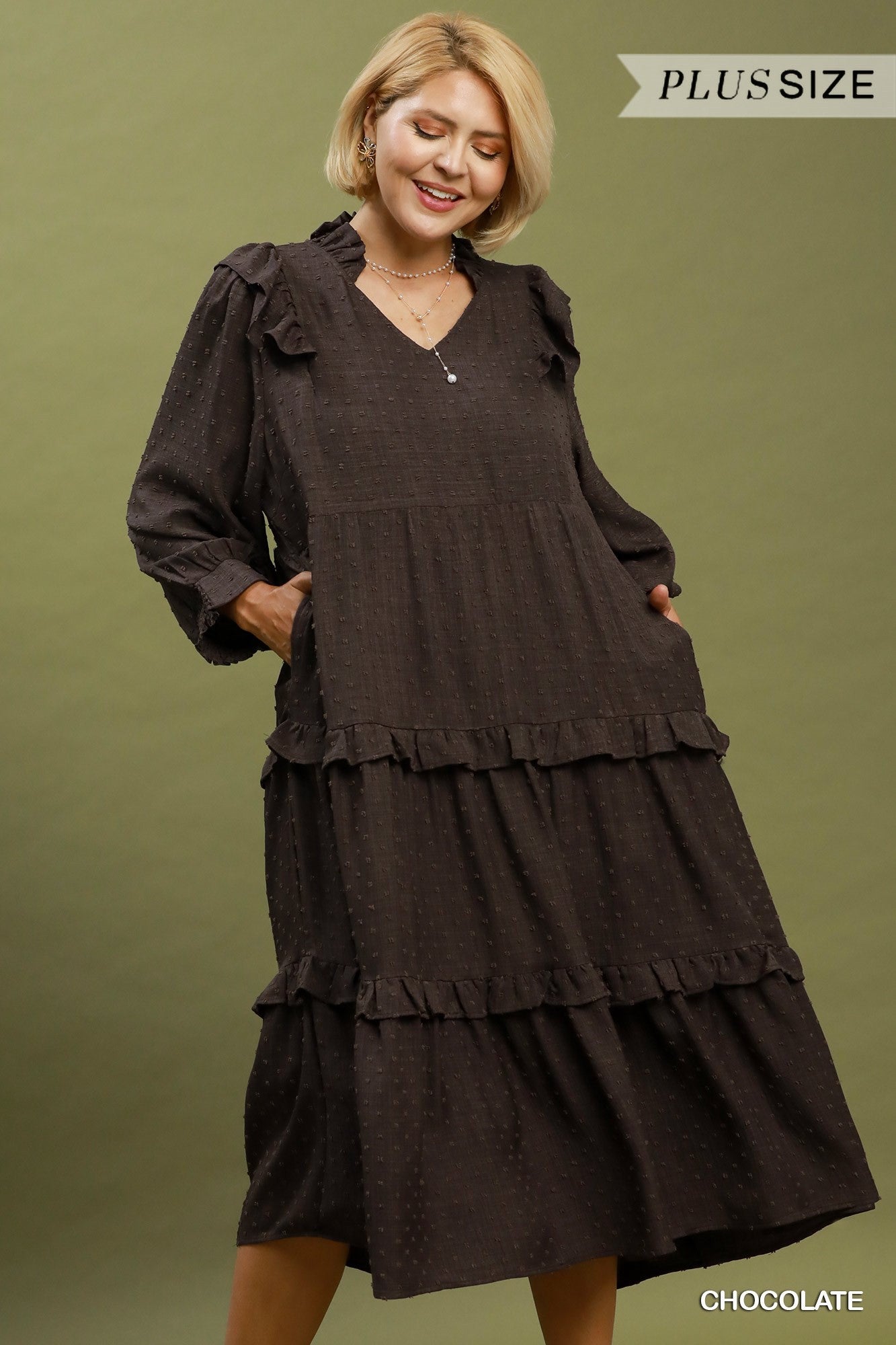 Umgee Plus Textured Ruffle Tiered Midi Dress in Chocolate-Curvy/Plus Dresses-Umgee-Deja Nu Boutique, Women's Fashion Boutique in Lampasas, Texas