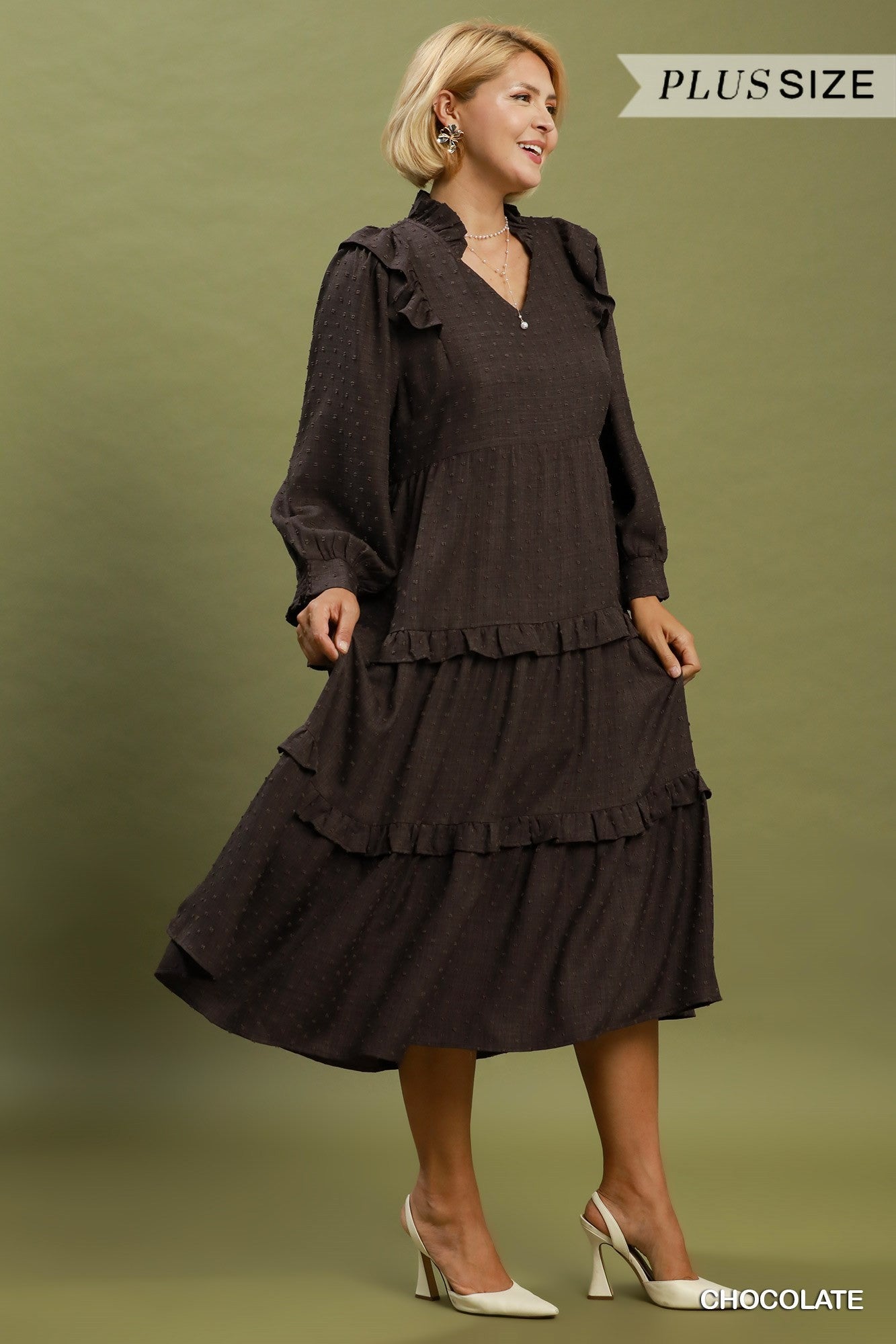 Umgee Plus Textured Ruffle Tiered Midi Dress in Chocolate-Curvy/Plus Dresses-Umgee-Deja Nu Boutique, Women's Fashion Boutique in Lampasas, Texas