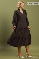 Umgee Plus Textured Ruffle Tiered Midi Dress in Chocolate-Curvy/Plus Dresses-Umgee-Deja Nu Boutique, Women's Fashion Boutique in Lampasas, Texas