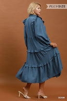 Umgee Plus Textured Ruffle Tiered Midi Dress in Denim Blue-Curvy/Plus Dresses-Umgee-Deja Nu Boutique, Women's Fashion Boutique in Lampasas, Texas