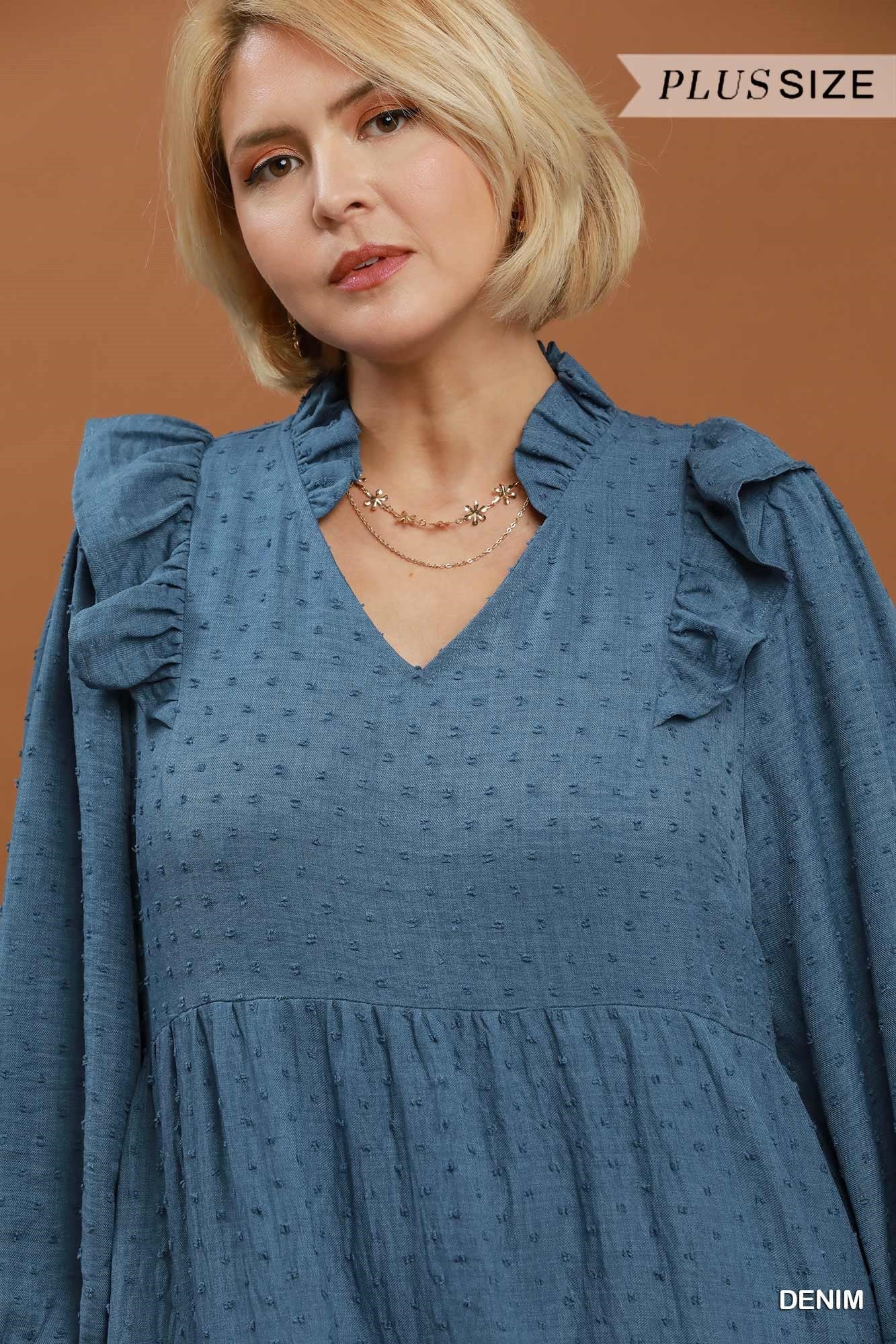 Umgee Plus Textured Ruffle Tiered Midi Dress in Denim Blue-Curvy/Plus Dresses-Umgee-Deja Nu Boutique, Women's Fashion Boutique in Lampasas, Texas