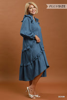 Umgee Plus Textured Ruffle Tiered Midi Dress in Denim Blue-Curvy/Plus Dresses-Umgee-Deja Nu Boutique, Women's Fashion Boutique in Lampasas, Texas
