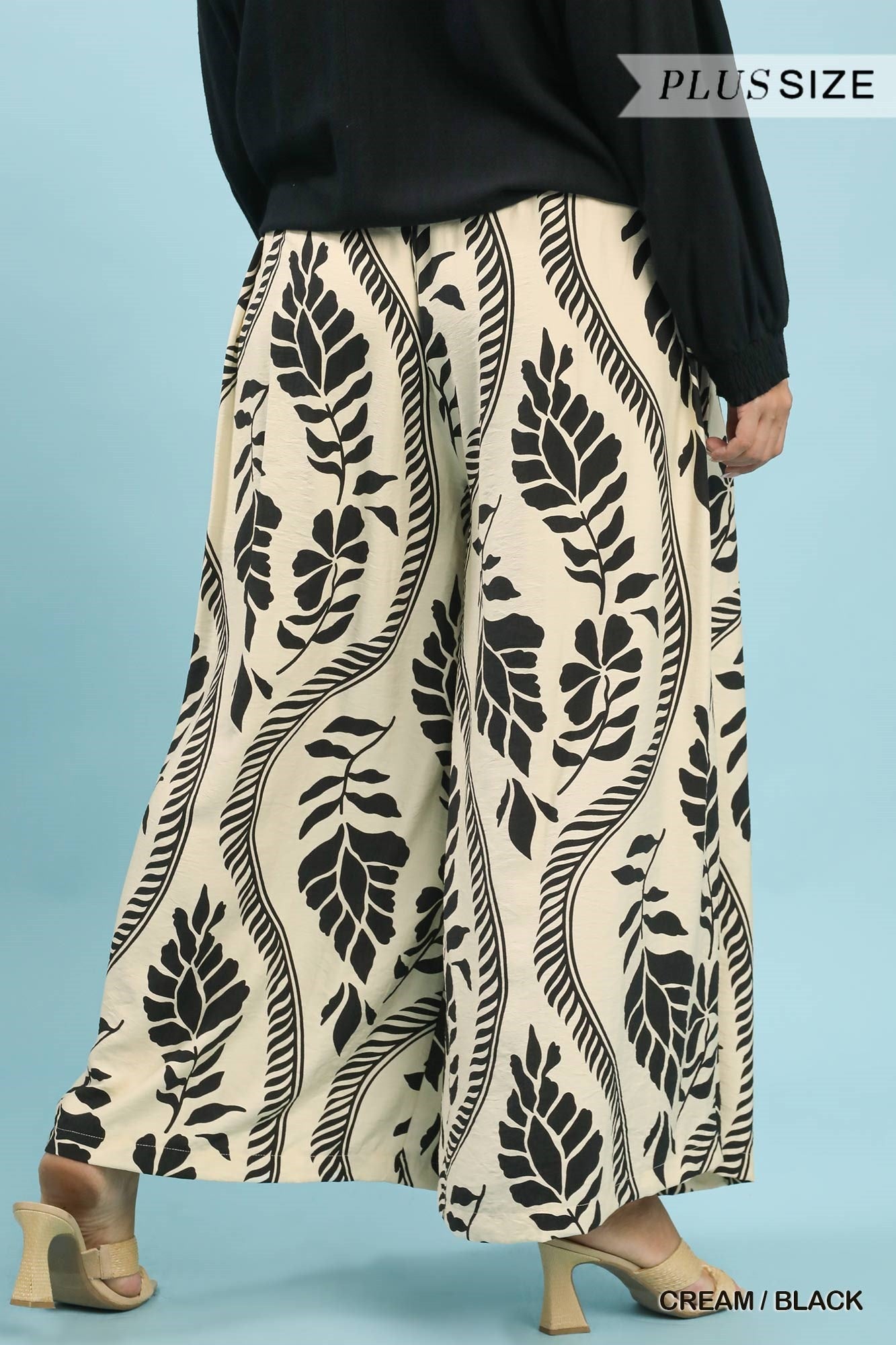 Umgee Plus Tropical Leaf Print Wide Leg Pants – Cream/Black-Curvy/Plus Bottoms-Umgee-Deja Nu Boutique, Women's Fashion Boutique in Lampasas, Texas