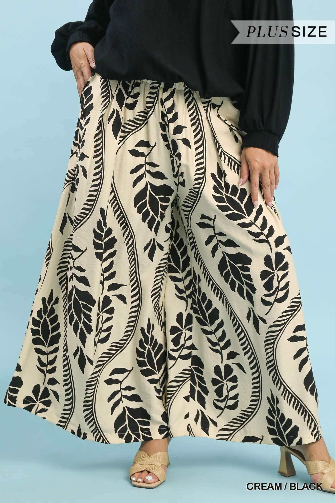 Umgee Plus Tropical Leaf Print Wide Leg Pants – Cream/Black-Curvy/Plus Bottoms-Umgee-Deja Nu Boutique, Women's Fashion Boutique in Lampasas, Texas