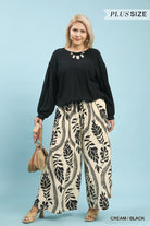 Umgee Plus Tropical Leaf Print Wide Leg Pants – Cream/Black-Curvy/Plus Bottoms-Umgee-Deja Nu Boutique, Women's Fashion Boutique in Lampasas, Texas