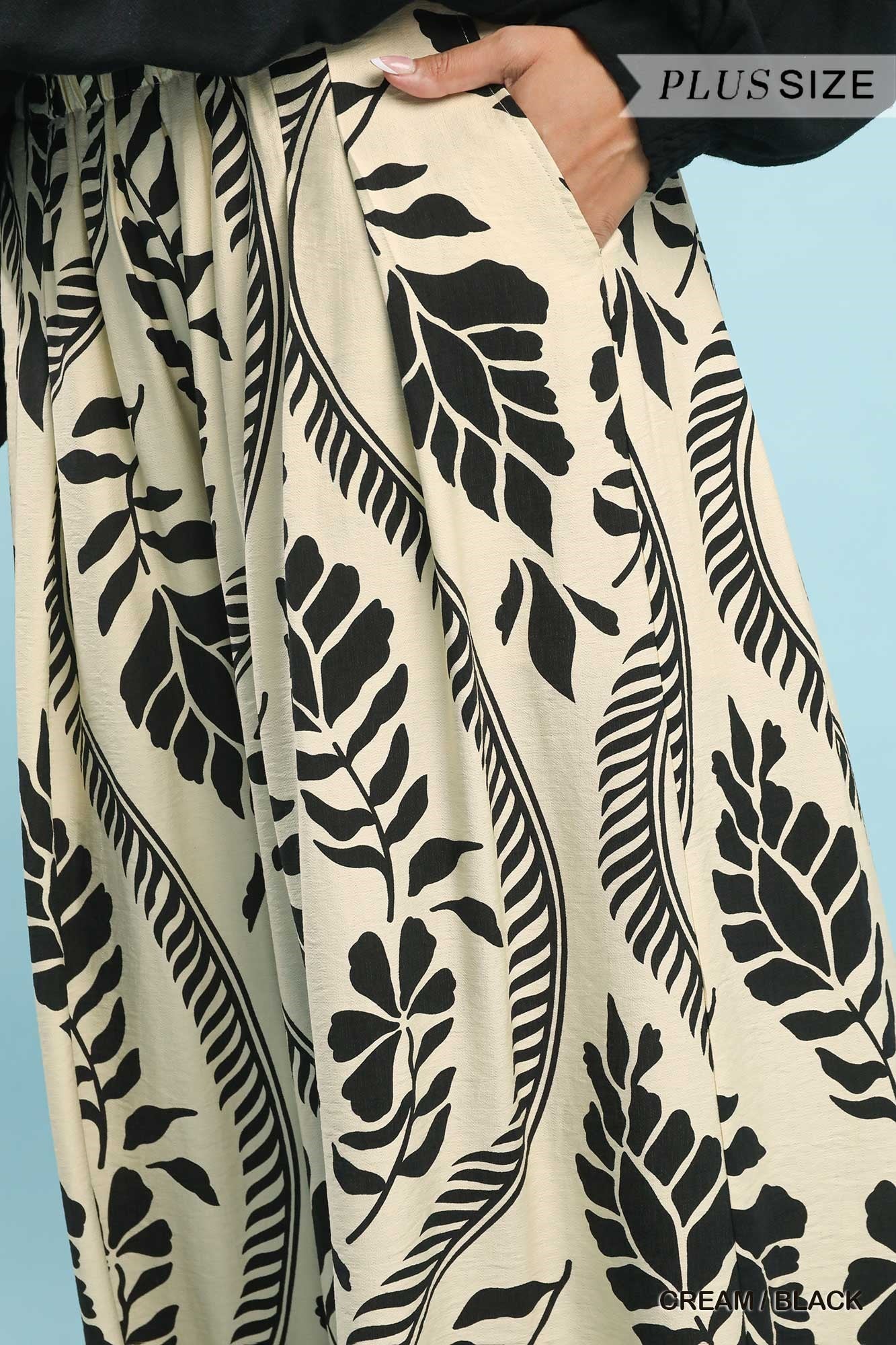 Umgee Plus Tropical Leaf Print Wide Leg Pants – Cream/Black-Curvy/Plus Bottoms-Umgee-Deja Nu Boutique, Women's Fashion Boutique in Lampasas, Texas