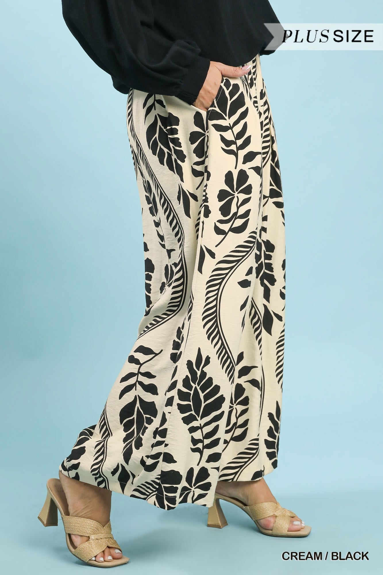 Umgee Plus Tropical Leaf Print Wide Leg Pants – Cream/Black-Curvy/Plus Bottoms-Umgee-Deja Nu Boutique, Women's Fashion Boutique in Lampasas, Texas