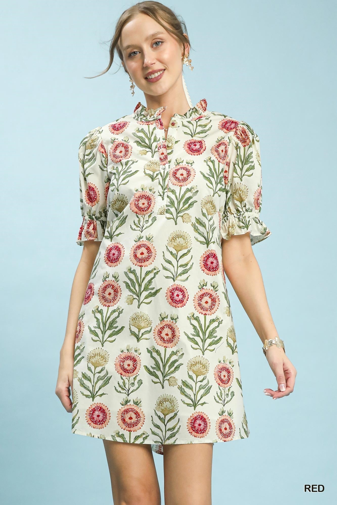 Umgee Floral Puff Sleeve Babydoll Dress – Red-mini dress-Umgee-Deja Nu Boutique, Women's Fashion Boutique in Lampasas, Texas