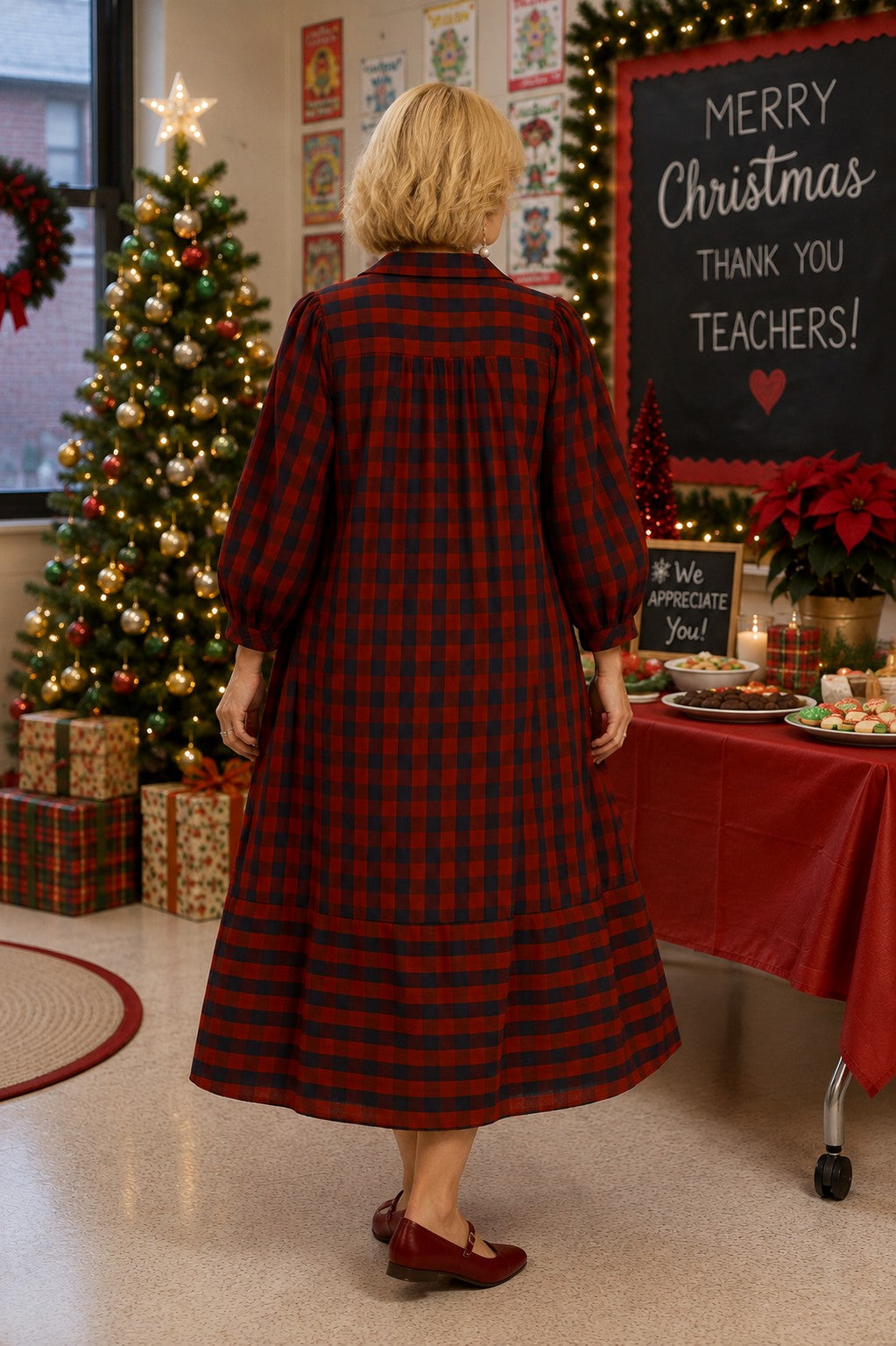 Umgee Red & Navy Checkered Midi Dress Plus Size-Curvy/Plus Dresses-umgee-Deja Nu Boutique, Women's Fashion Boutique in Lampasas, Texas