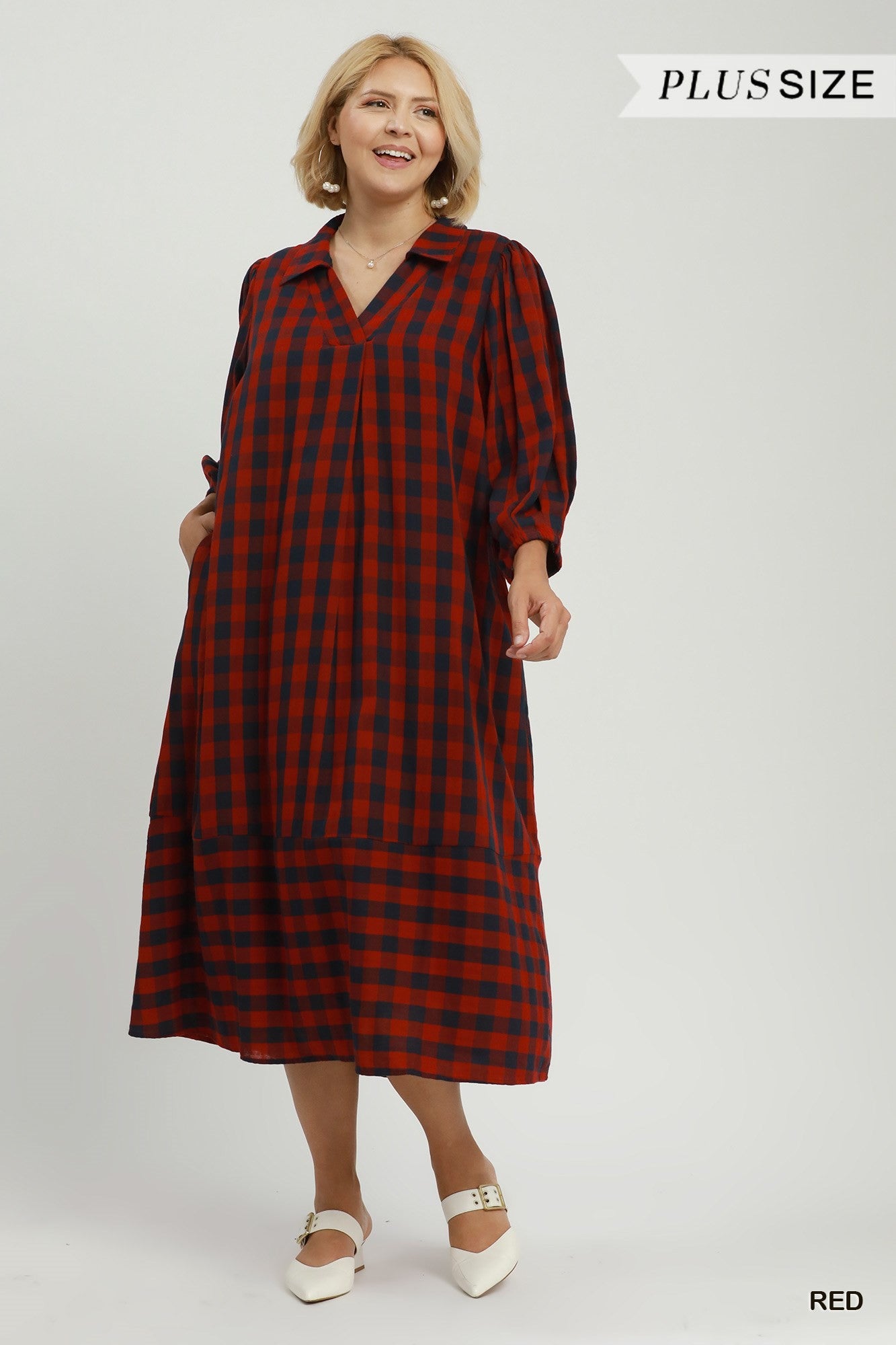 Umgee Red & Navy Checkered Midi Dress Plus Size-Curvy/Plus Dresses-umgee-Deja Nu Boutique, Women's Fashion Boutique in Lampasas, Texas