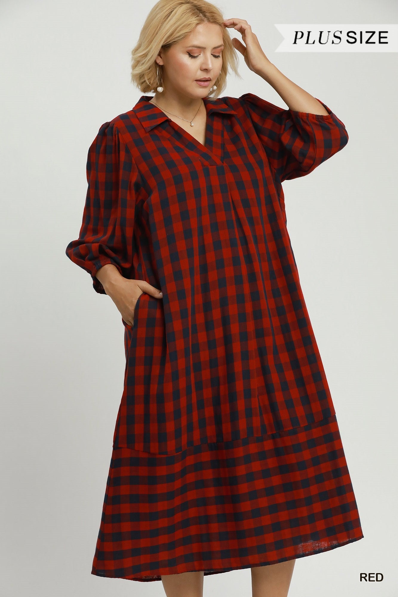 Umgee Red & Navy Checkered Midi Dress Plus Size-Curvy/Plus Dresses-umgee-Deja Nu Boutique, Women's Fashion Boutique in Lampasas, Texas