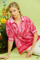 Umgee Red Tropical Print Puff Sleeve Blouse-Tops-Umgee-Deja Nu Boutique, Women's Fashion Boutique in Lampasas, Texas