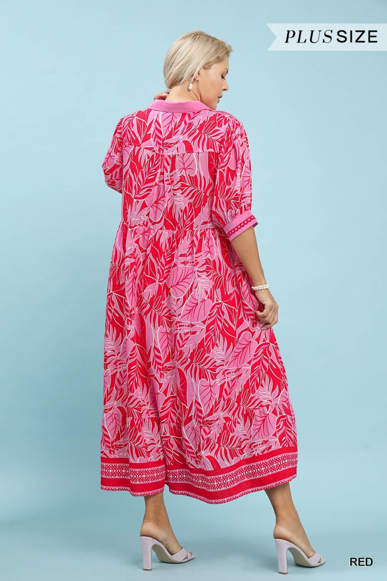 Umgee Red Leafy Border Print V-Neck Midi Dress Plus Size-Curvy/Plus Dresses-Umgee-Deja Nu Boutique, Women's Fashion Boutique in Lampasas, Texas