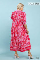 Umgee Red Leafy Border Print V-Neck Midi Dress Plus Size-Curvy/Plus Dresses-Umgee-Deja Nu Boutique, Women's Fashion Boutique in Lampasas, Texas