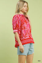 Umgee Red Tropical Print Puff Sleeve Blouse-Tops-Umgee-Deja Nu Boutique, Women's Fashion Boutique in Lampasas, Texas