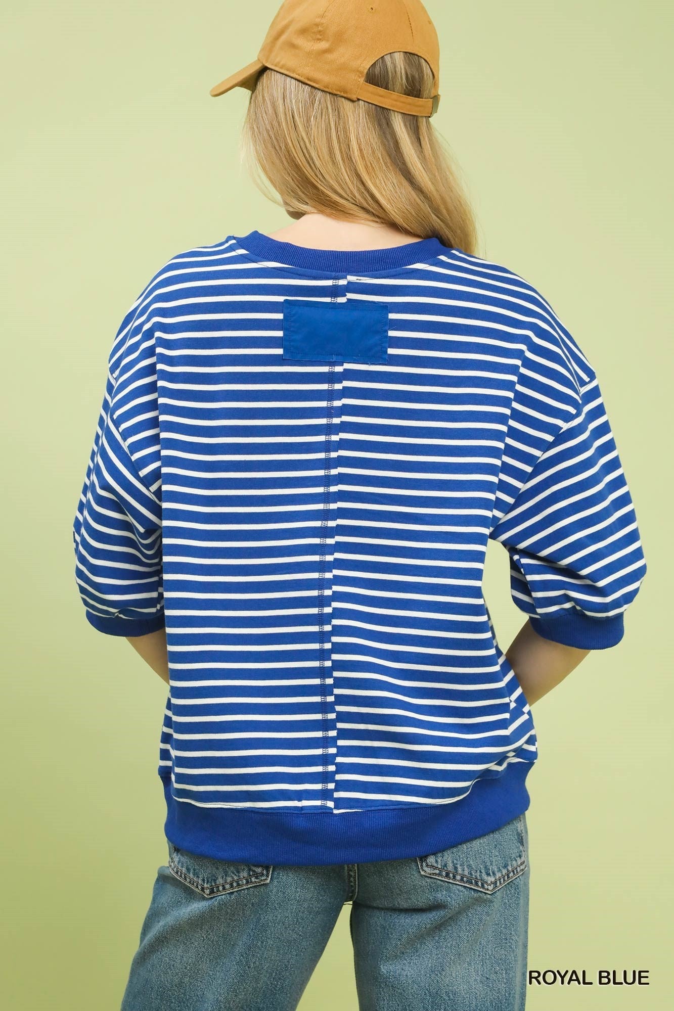 Umgee Royal Blue Striped Puff Sleeve Pullover Top-Tops-Umgee-Deja Nu Boutique, Women's Fashion Boutique in Lampasas, Texas