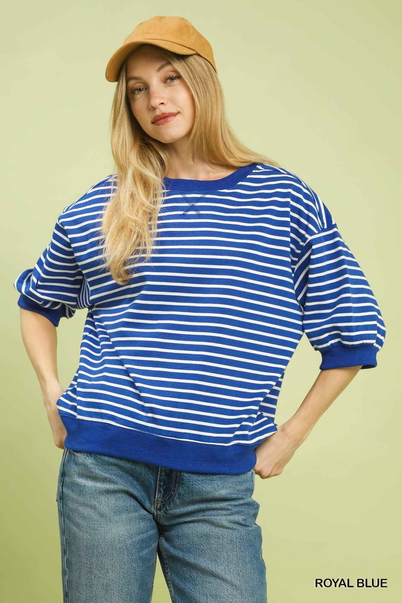 Umgee Royal Blue Striped Puff Sleeve Pullover Top-Tops-Umgee-Deja Nu Boutique, Women's Fashion Boutique in Lampasas, Texas