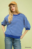 Umgee Royal Blue Striped Puff Sleeve Pullover Top-Tops-Umgee-Deja Nu Boutique, Women's Fashion Boutique in Lampasas, Texas