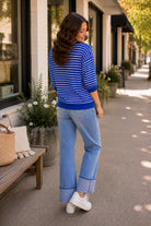 Umgee Royal Blue Striped Puff Sleeve Pullover Top-Tops-Umgee-Deja Nu Boutique, Women's Fashion Boutique in Lampasas, Texas