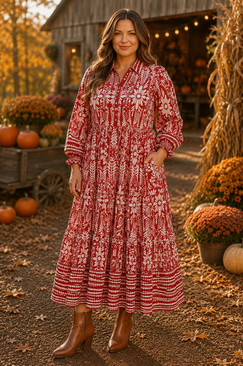 Umgee Rust Border Print Ruffled Maxi Dress - Plus Size-Curvy/Plus Dresses-Umgee-Deja Nu Boutique, Women's Fashion Boutique in Lampasas, Texas