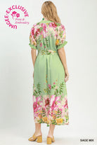 Umgee Sage Mix Floral Border Print Midi Dress with Tie Belt-Midi Dresses-Umgee-Deja Nu Boutique, Women's Fashion Boutique in Lampasas, Texas