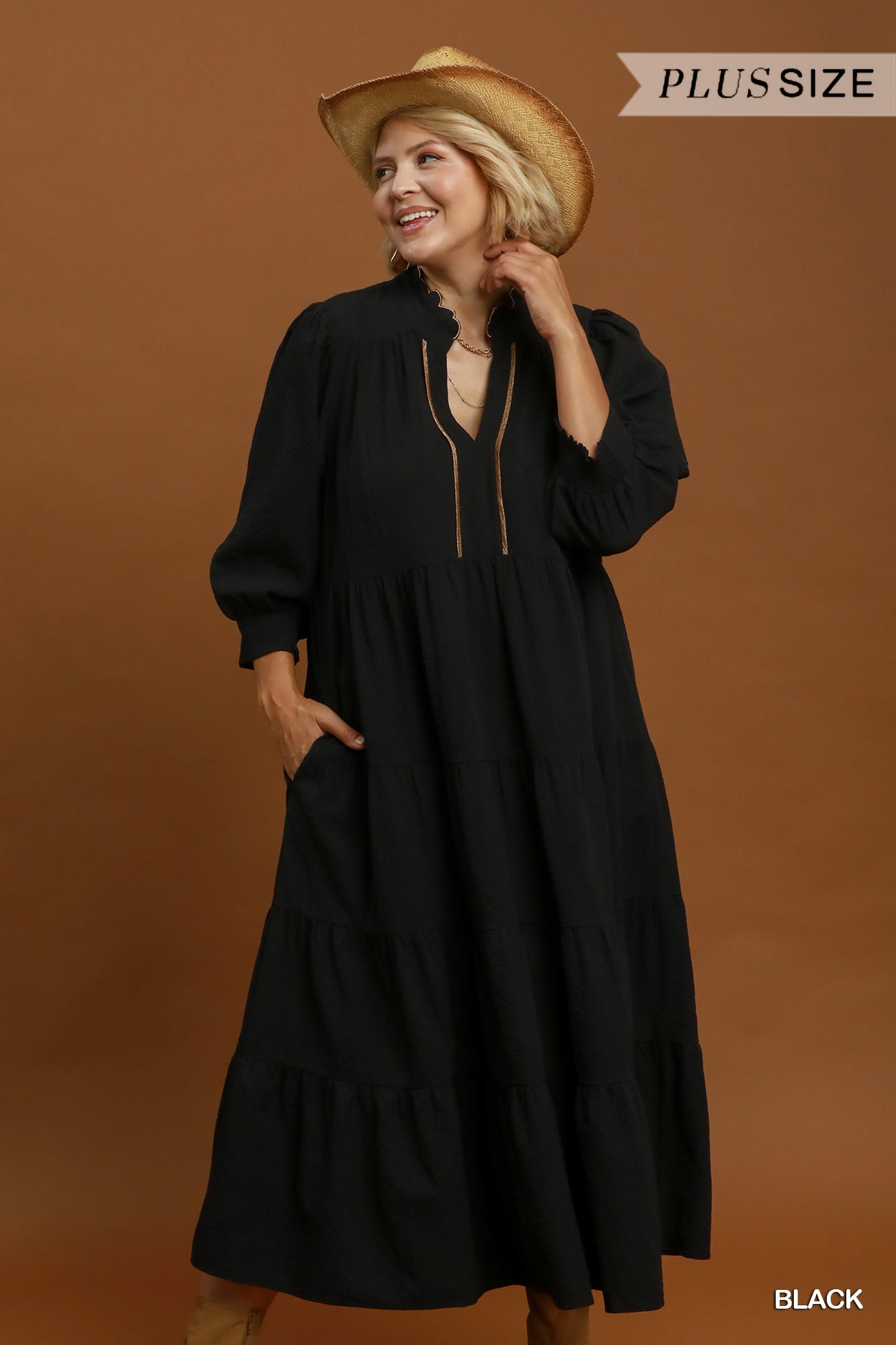 Umgee Seersucker Tiered Maxi Dress Plus Size – Black-Curvy/Plus Dresses-umgee-Deja Nu Boutique, Women's Fashion Boutique in Lampasas, Texas