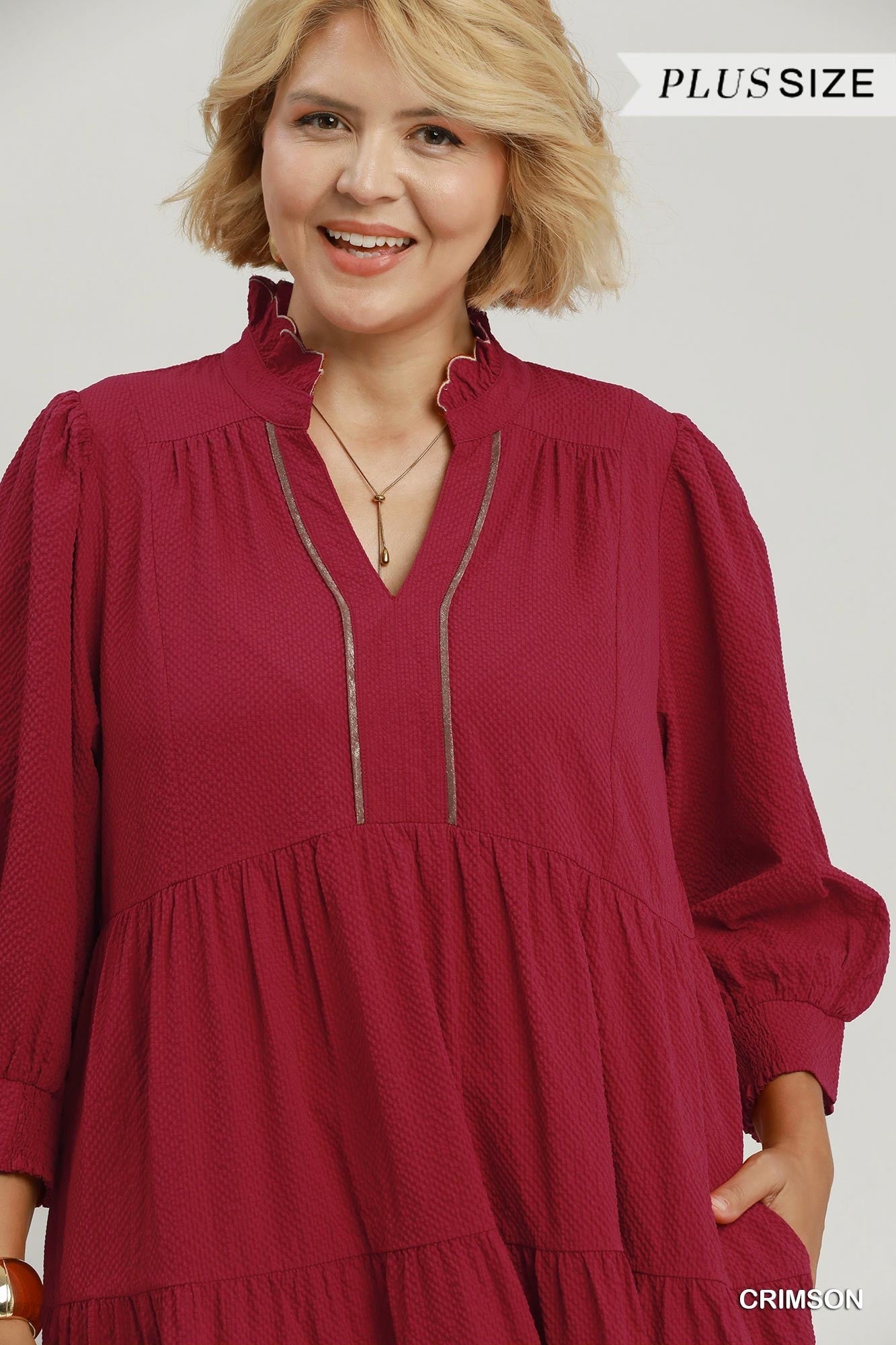 Umgee Seersucker Tiered Maxi Dress Plus Size – Crimson-Curvy/Plus Dresses-Umgee-Deja Nu Boutique, Women's Fashion Boutique in Lampasas, Texas