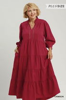 Umgee Seersucker Tiered Maxi Dress Plus Size – Crimson-Curvy/Plus Dresses-Umgee-Deja Nu Boutique, Women's Fashion Boutique in Lampasas, Texas