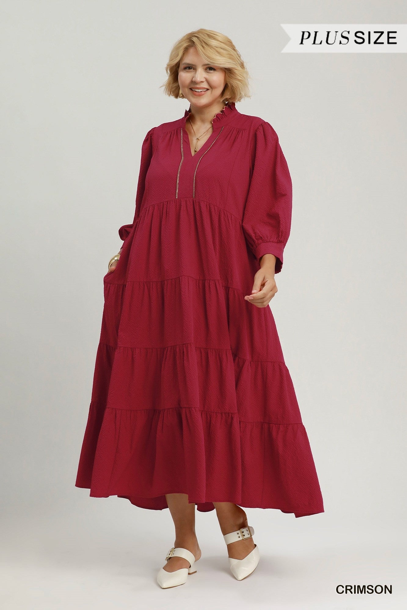 Umgee Seersucker Tiered Maxi Dress Plus Size – Crimson-Curvy/Plus Dresses-Umgee-Deja Nu Boutique, Women's Fashion Boutique in Lampasas, Texas