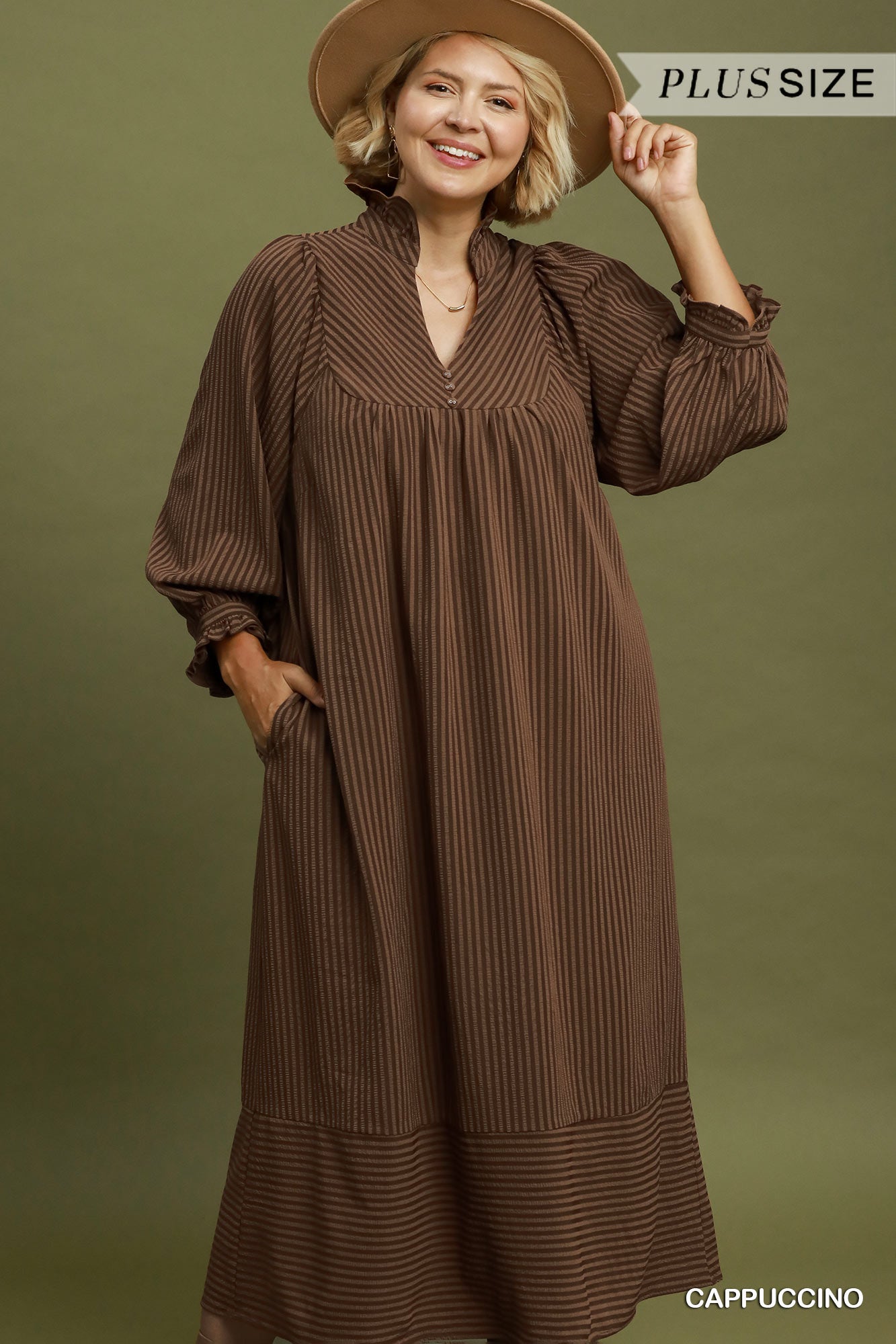 Umgee Striped Seersucker Midi Dress Plus Size – Teal & Cappuccino-Curvy/Plus Dresses-Umgee-Deja Nu Boutique, Women's Fashion Boutique in Lampasas, Texas