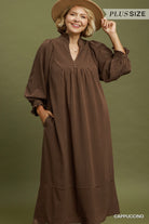 Umgee Striped Seersucker Midi Dress Plus Size – Teal & Cappuccino-Curvy/Plus Dresses-Umgee-Deja Nu Boutique, Women's Fashion Boutique in Lampasas, Texas