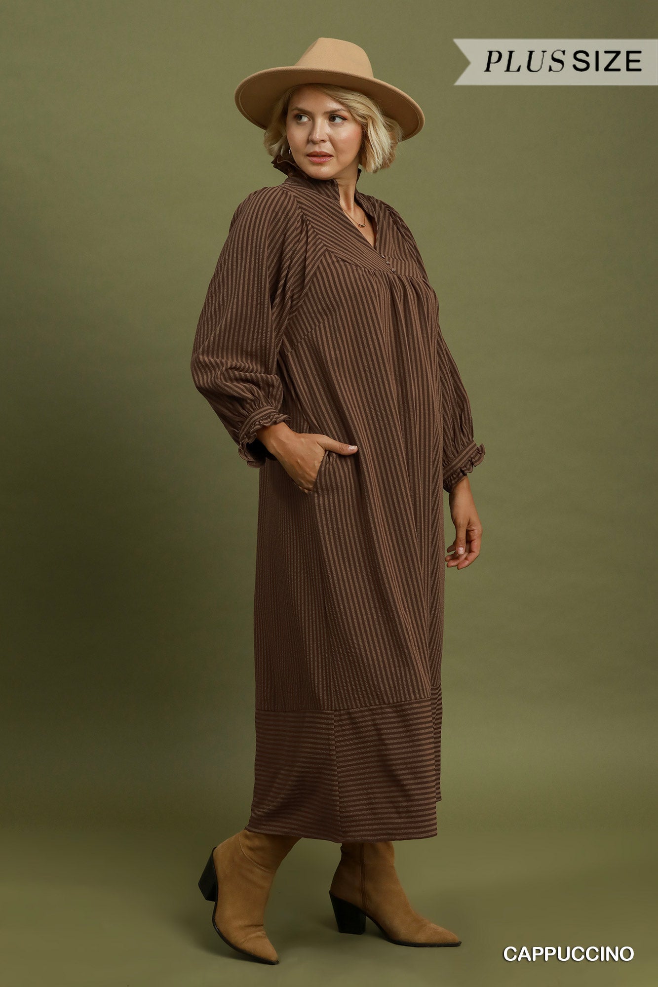 Umgee Striped Seersucker Midi Dress Plus Size – Teal & Cappuccino-Curvy/Plus Dresses-Umgee-Deja Nu Boutique, Women's Fashion Boutique in Lampasas, Texas