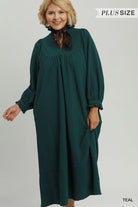 Umgee Striped Seersucker Midi Dress Plus Size – Teal & Cappuccino-Curvy/Plus Dresses-Umgee-Deja Nu Boutique, Women's Fashion Boutique in Lampasas, Texas