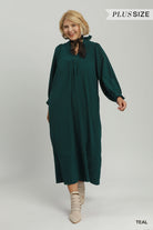Umgee Striped Seersucker Midi Dress Plus Size – Teal & Cappuccino-Curvy/Plus Dresses-Umgee-Deja Nu Boutique, Women's Fashion Boutique in Lampasas, Texas
