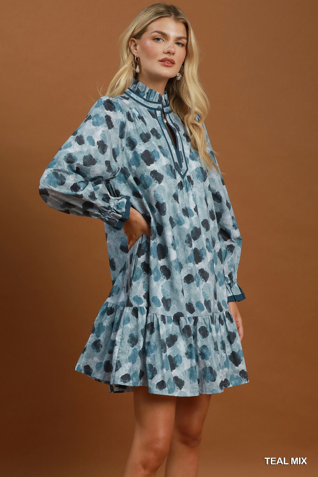 Umgee Teal Mix Abstract Print Ruffle Hem Dress-mini dress-Umgee-Deja Nu Boutique, Women's Fashion Boutique in Lampasas, Texas