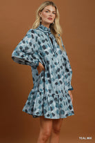Umgee Teal Mix Abstract Print Ruffle Hem Dress-mini dress-Umgee-Deja Nu Boutique, Women's Fashion Boutique in Lampasas, Texas