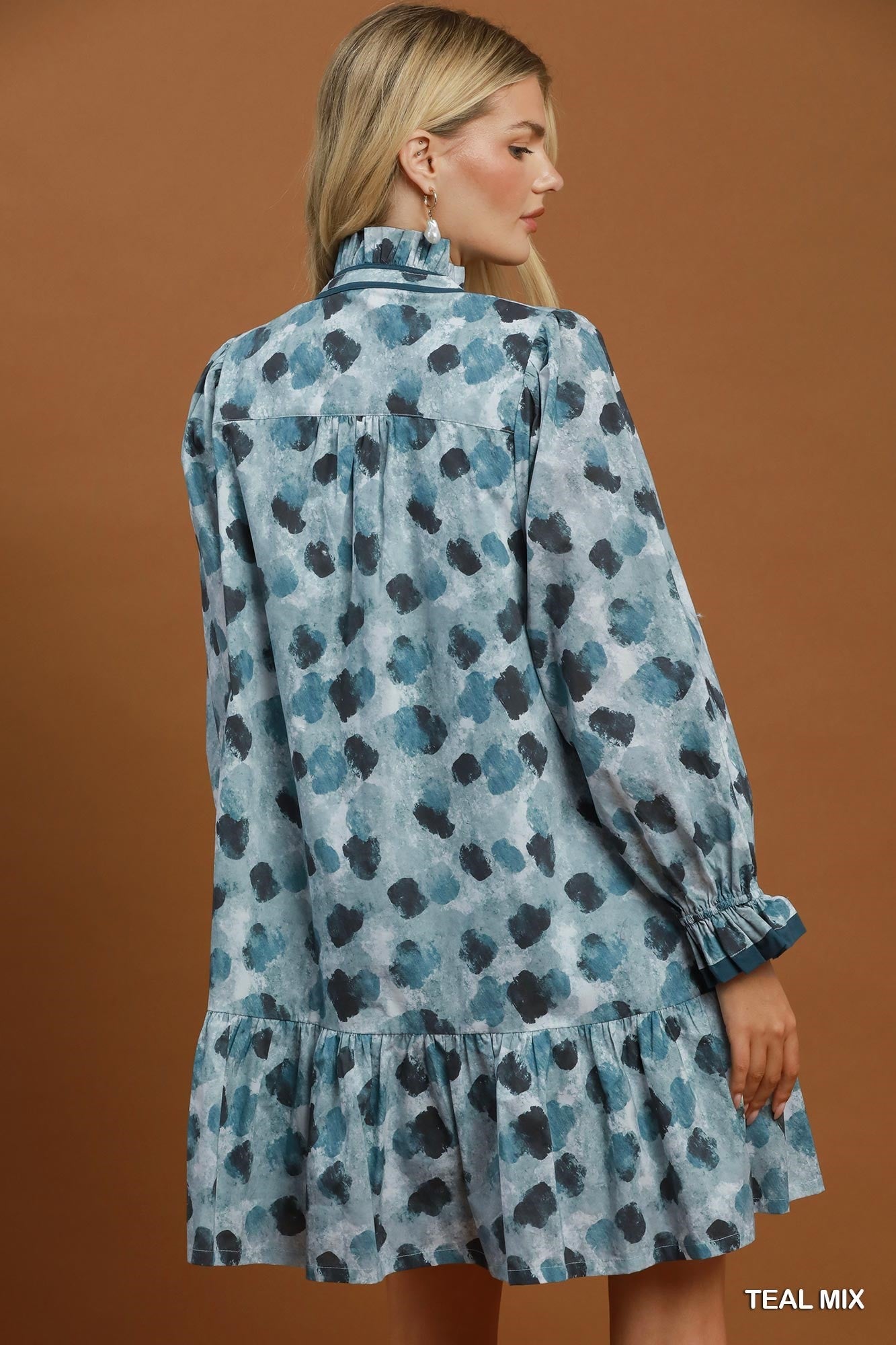 Umgee Teal Mix Abstract Print Ruffle Hem Dress-mini dress-Umgee-Deja Nu Boutique, Women's Fashion Boutique in Lampasas, Texas