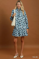Umgee Teal Mix Abstract Print Ruffle Hem Dress-mini dress-Umgee-Deja Nu Boutique, Women's Fashion Boutique in Lampasas, Texas