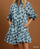 Umgee Teal Mix Abstract Print Ruffle Hem Dress-mini dress-Umgee-Deja Nu Boutique, Women's Fashion Boutique in Lampasas, Texas