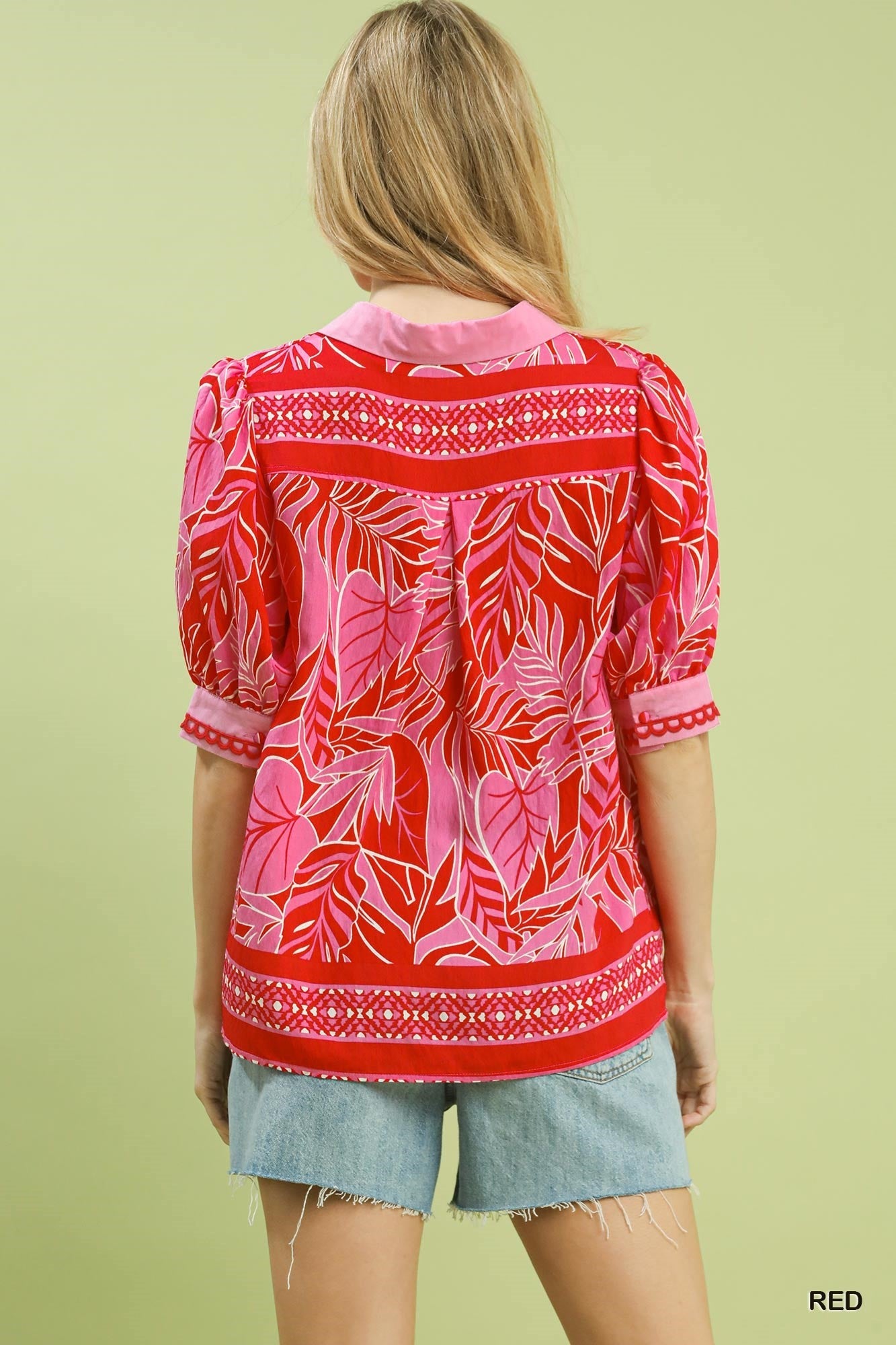 Umgee Red Tropical Print Puff Sleeve Blouse-Tops-Umgee-Deja Nu Boutique, Women's Fashion Boutique in Lampasas, Texas