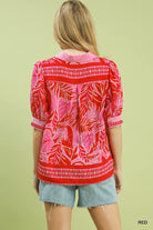 Umgee Red Tropical Print Puff Sleeve Blouse-Tops-Umgee-Deja Nu Boutique, Women's Fashion Boutique in Lampasas, Texas