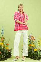 Umgee Red Tropical Print Puff Sleeve Blouse-Tops-Umgee-Deja Nu Boutique, Women's Fashion Boutique in Lampasas, Texas