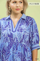 Umgee Blue Leafy Border Print V-Neck Midi Dress Plus Size-Curvy/Plus Dresses-Umgee-Deja Nu Boutique, Women's Fashion Boutique in Lampasas, Texas