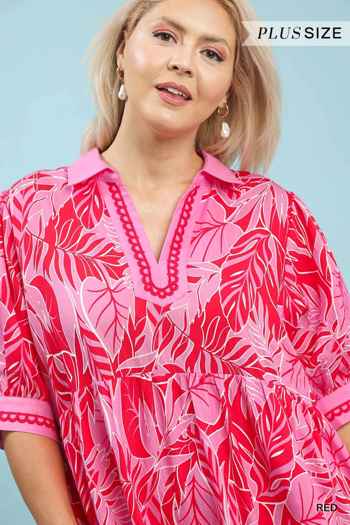 Umgee Red Leafy Border Print V-Neck Midi Dress Plus Size-Curvy/Plus Dresses-Umgee-Deja Nu Boutique, Women's Fashion Boutique in Lampasas, Texas