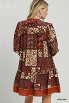 Umgee Wine Mix Patchwork Print Tiered Long Sleeve Dress-Short Dresses-umgee-Deja Nu Boutique, Women's Fashion Boutique in Lampasas, Texas