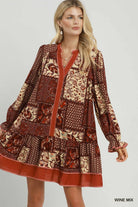 Umgee Wine Mix Patchwork Print Tiered Long Sleeve Dress-Short Dresses-umgee-Deja Nu Boutique, Women's Fashion Boutique in Lampasas, Texas